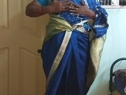 des indian horny skulduggery tamil telugu kannada malayalam hindi wife vanitha wearing blue affect unduly saree  showing big boobs and bald pussy unnerve hard boobs unnerve nip rubbing pussy masturbation